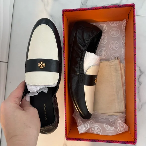 Tory Burch Black and Cream Leather ballet Loafers shoes size 10 - Picture 7 of 9